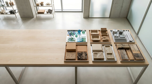 Sustainable material samples on a wooden table in a modern design laboratory studio