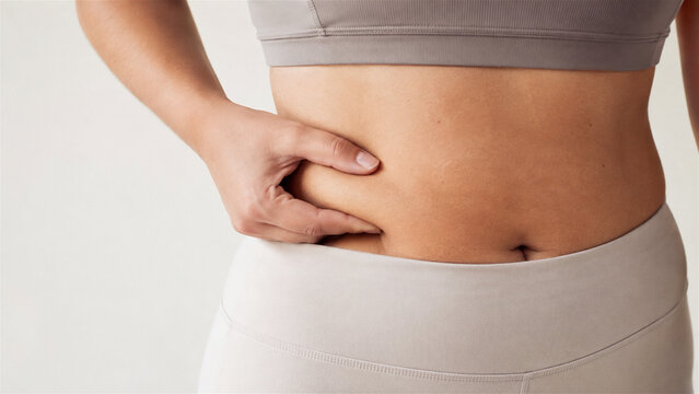woman pinching belly fat on her waist. Body weight control and slimming concept. Diet, fitness and healthy lifestyle for weight loss and body care