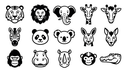 Fototapeta premium Set of cute wild animal vector icons including tiger, lion, elephant, giraffe, zebra, panda, koala and more