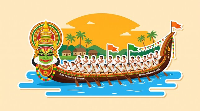 Vibrant illustration of a traditional Kerala snake boat race with Kathakali dancer, village, and sunset backdrop.