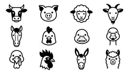 Fototapeta premium Set of farm animal vector icons isolated on white background, livestock and poultry illustrations