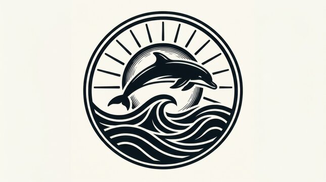 Dolphin Jumping Over Waves in Sun Emblem.