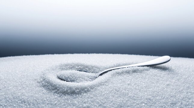 Silver teaspoon resting in a pile of white granulated sugar on a clean minimalist background