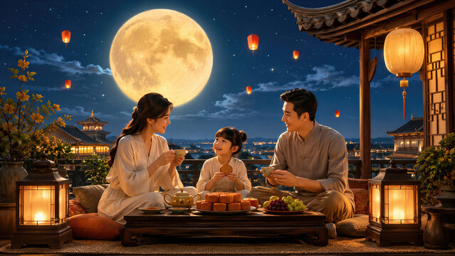 Asian family with woman, man and kid celebrating mid autumn festival under full moon on terrace. Parents and daughter eating mooncakes and drinking tea with lanterns. Traditional chinese holiday