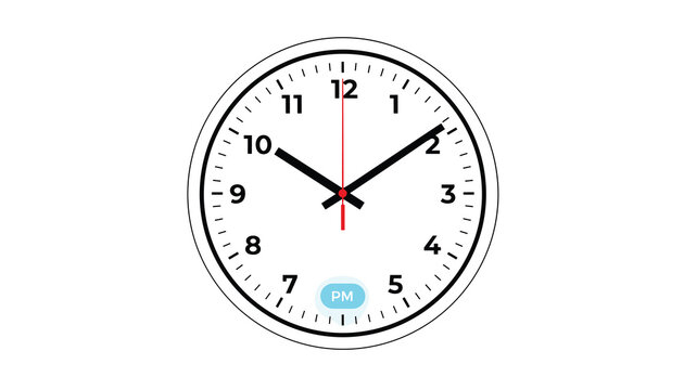 Minimalist design of an analog wall clock face showing ten past ten with a clear PM indicator at the bottom.