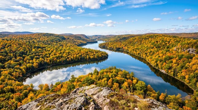 Scenic aerial view of a winding river through a vibrant autumn forest in algonquin provincial park, canada
