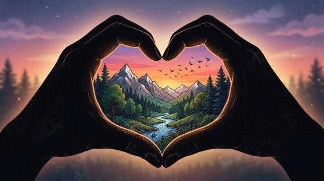 Heart Hands Framing a Majestic Mountain Landscape at Sunset.