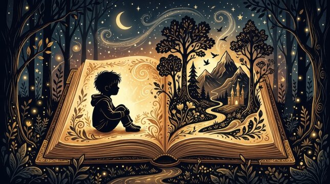 Magical Open Book Forest Scene with Child Silhouette.