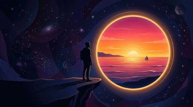 Man Gazing at a Surreal Sunset Portal in a Cosmic Landscape.