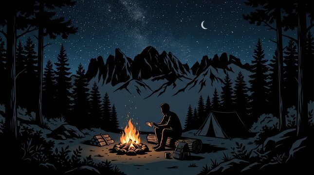 Man Sitting By Campfire Under Starry Night Sky With Mountains.
