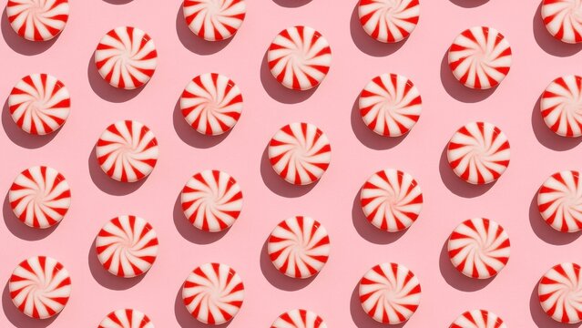 Peppermint candies on pink background.