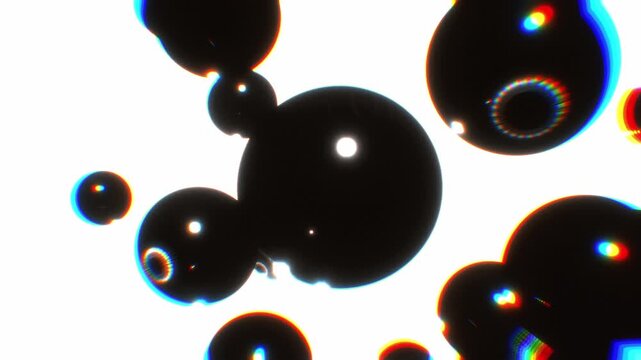 Glossy black eyeball metaballs float in close perspective with vibrant chromatic aberration fringes on a bright white background