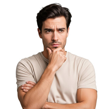 Thoughtful man with hand resting on chin looking serious