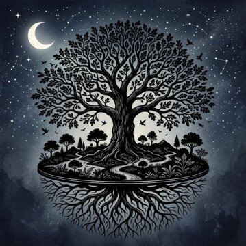 Mystical Tree of Life Under a Crescent Moon and Starry Night Sky.