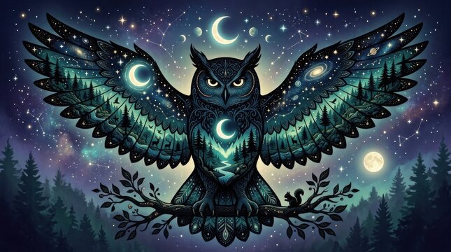 Mystical Owl Spreading Wings Under Starry Night Sky.