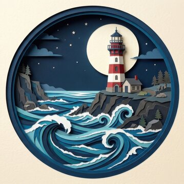 Paper Cut Lighthouse Scene at Night with Moon and Waves.