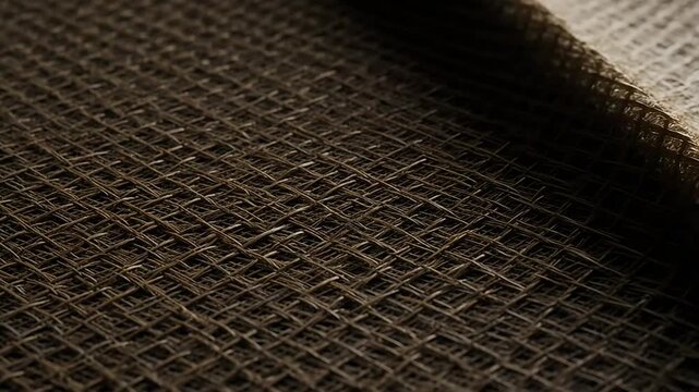 Close-up of woven burlap fabric texture, natural brown jute material, rough textile background, rustic surface detail, macro shot of organic fiber weave