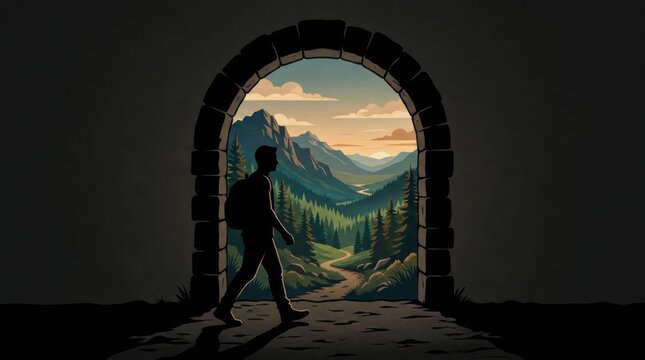 Silhouette of a hiker stepping through an ancient stone archway into a breathtaking mountain landscape at sunrise.