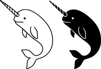 Narwhal illustration icon in outline and silhouette styles, for app UI/UX design © Nurhalimah