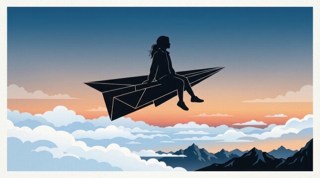 Silhouette of a person riding a paper airplane above the clouds at sunset.