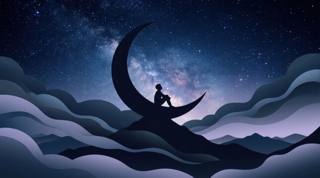 Silhouette of a person sitting on a crescent moon surrounded by clouds and stars.