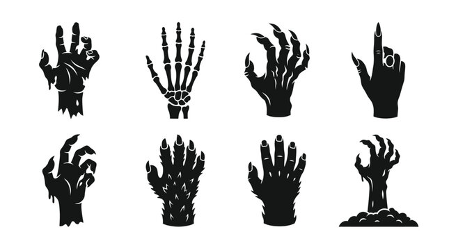 Collection of eight black silhouette horror hands featuring zombie, skeleton, werewolf, and witch claws isolated on white background for Halloween icons and graphic design elements.