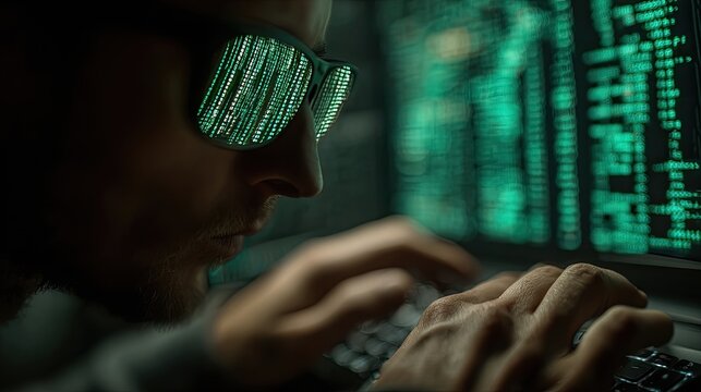 Professional hacker hands typing on mechanical keyboard with green code reflections on glasses representing cyber warfare and digital security testing in dark room environment scene 