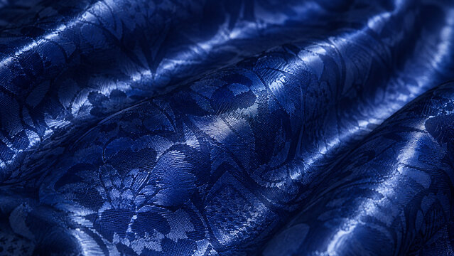 Indigo Bazin Riche Fabric Macro with Glossy Damask Jacquard Weave and Rich Folded Texture