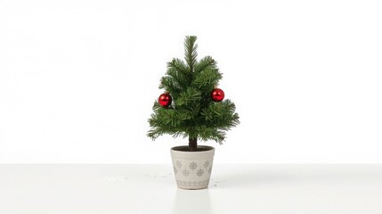 Fototapeta premium Small tabletop Christmas tree with red ornaments in a rustic pot on white background