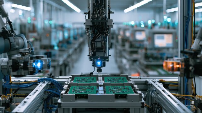 A high-tech robotic assembly line manufacturing printed circuit boards under bright blue lighting.