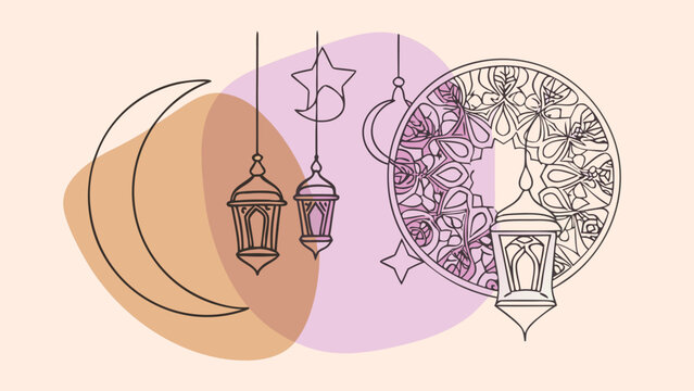 Ramadan line art illustration shows a crescent moon, hanging fanous lanterns, and decorative Islamic mandala geometric pattern.