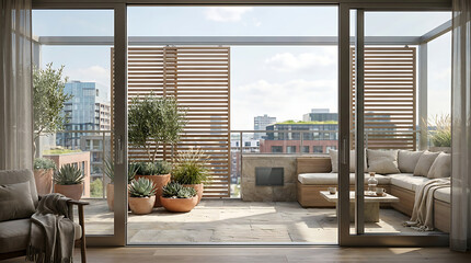 Obraz premium Modern urban apartment balcony with wooden privacy screens and outdoor lounge furniture