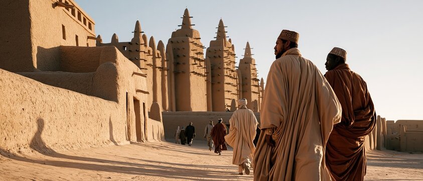 Two men in flowing robes and kufi caps stride toward the iconic mudbrick Great Mosque of Djenn at golden hour, evoking timeless faith, cultural heritage, and West African identity.