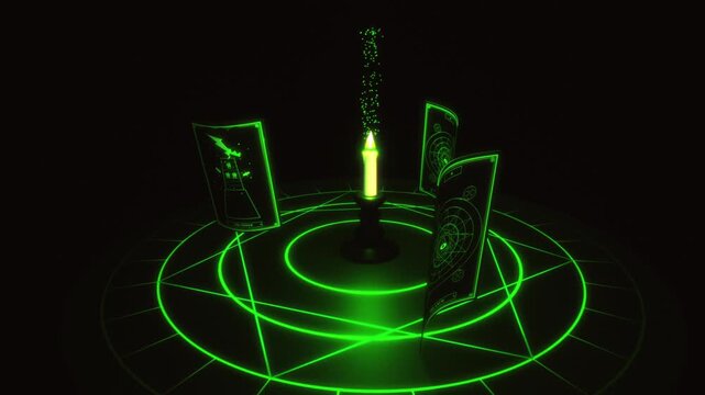 Glowing green pentagram circle illuminates spinning occult tarot cards around burning candle in a 3D motion background