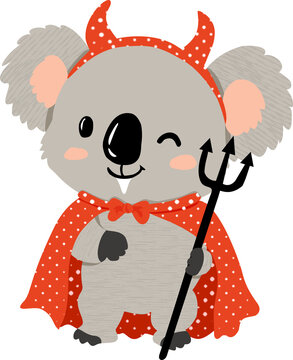 Cute koala wearing devil costume holding pitchfork cartoon illustration