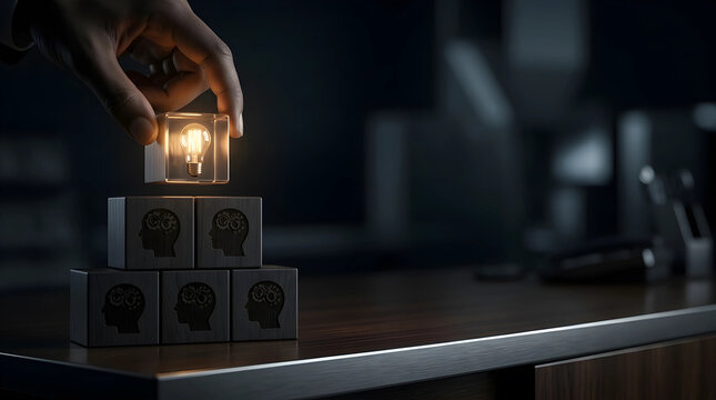 Hand placing glowing lightbulb cube on wooden blocks with human head silhouettes and gears, symbolizing innovation, creative problem solving, and strategic leadership in business context.