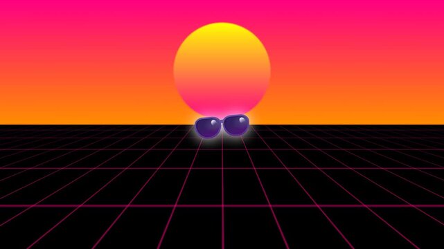 Retro futuristic style animation featuring glowing sunglasses floating above a neon grid landscape with a giant glowing sun in a vibrant sunset sky