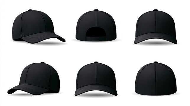 Six views of a plain, black baseball cap from different angles