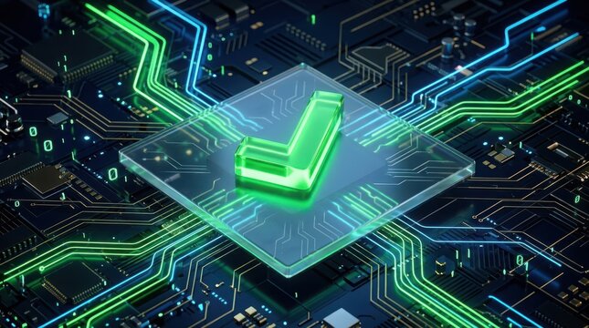 Green check mark symbol glowing on a high tech computer processor chip with circuit board lines on a black background