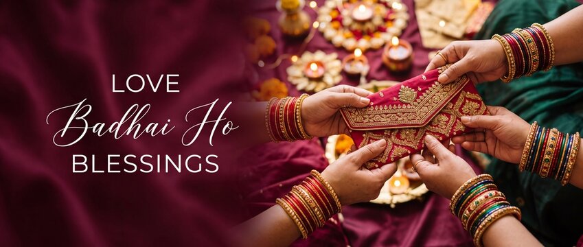 Indian wedding gift envelope exchange with traditional bangles during festive Diwali celebration, offering love blessings, badhai ho greetings, gift money transfer, cultural ceremony, traditional fami