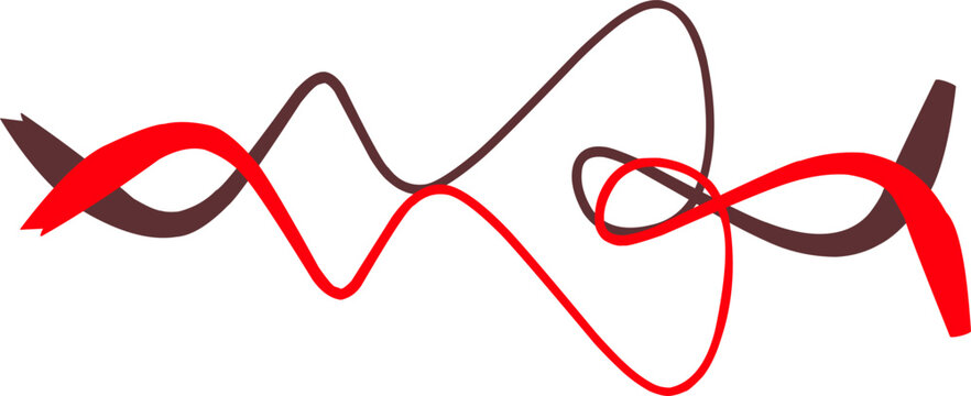 Dynamic red and brown sound wave lines forming intersecting frequency curves, isolated on a clean white background vector graphic illustration.