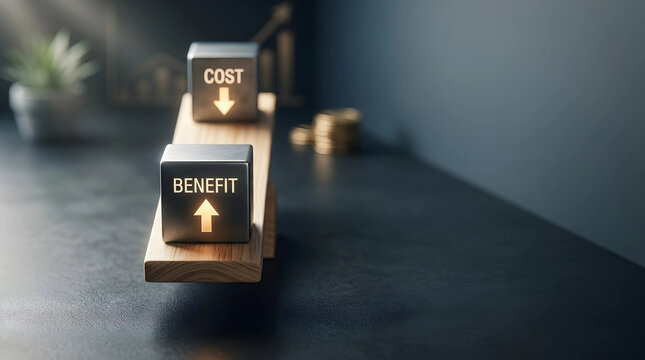 Cost-Benefit Analysis Concept with Metal Cubes on Wooden Seesaw Showing Higher Benefit and Lower Cost on Dark Professional Background with Blurred Gold Coins and Financial Charts.