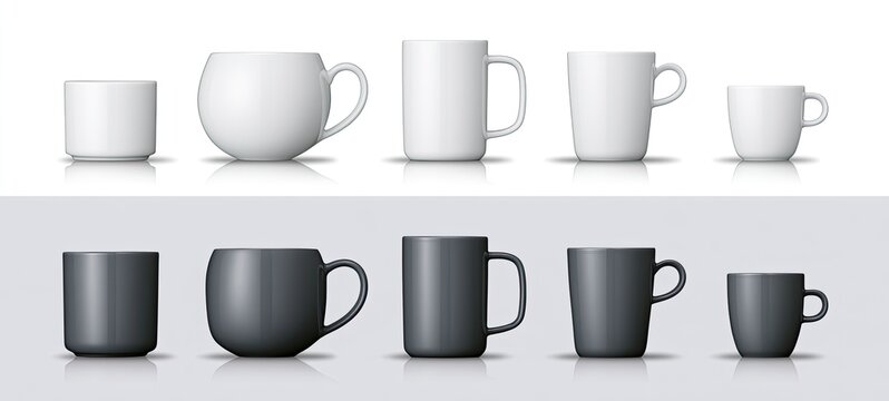Diverse ceramic mugs in white and dark grey, with varying sizes and shapes