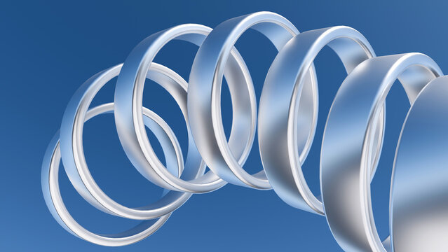 Abstract 3D metallic silver rings forming a spiral wave against a clear blue background. Ideal for tech websites, modern corporate presentations, and futuristic headers