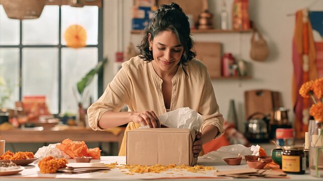 Woman Packing Clay Diyas in a Gift Box for Diwali Ecommerce