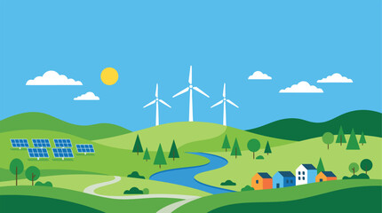 Fototapeta premium Green energy landscape illustration with wind turbines and solar panels in a clean eco friendly rural environment
