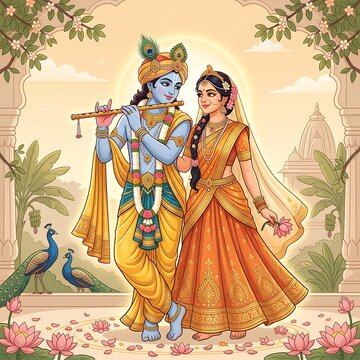 Divine blue skinned deity playing flute beside a woman in traditional attire within a scenic garden temple