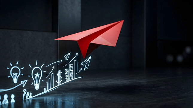 Red paper plane flying with glowing business growth icons, lightbulbs, and financial charts on dark background, representing innovation, startup success, and creative corporate strategy.