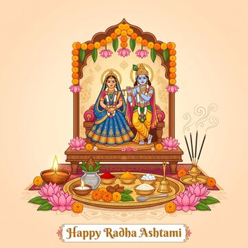 Illustration of deities radha and krishna sitting on a decorated throne with traditional festive offerings