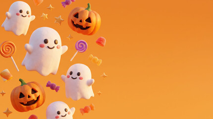 Naklejka premium ハロウィン：可愛いお化けとカボチャのポップな背景デザインシリーズ